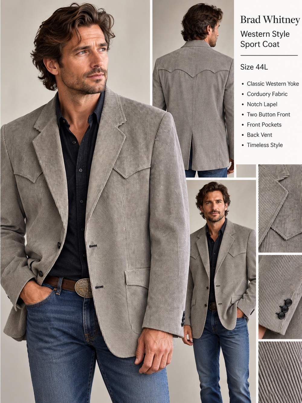 Light Gray Wool-Blend Sport Coat with Western Yoke